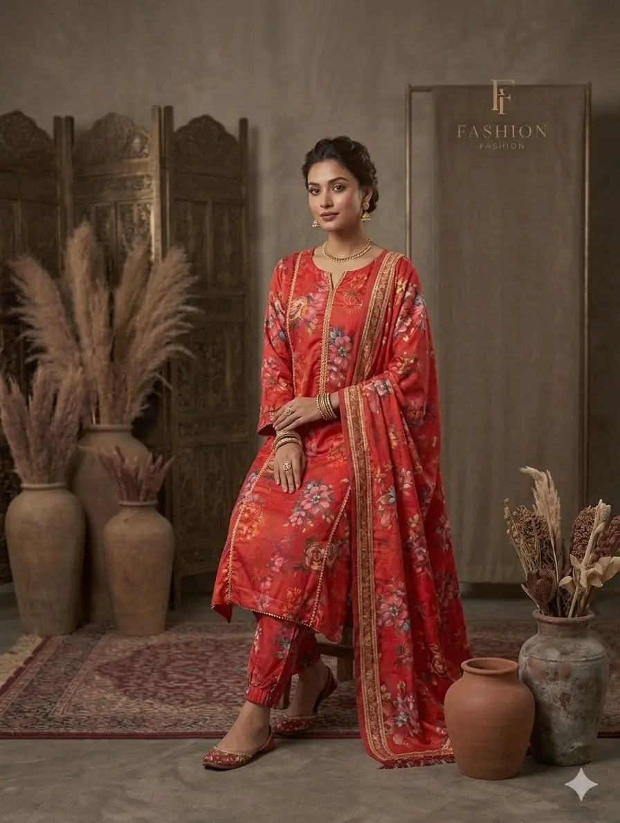 Rust Red Printed Lawn 3 Piece Bayashma