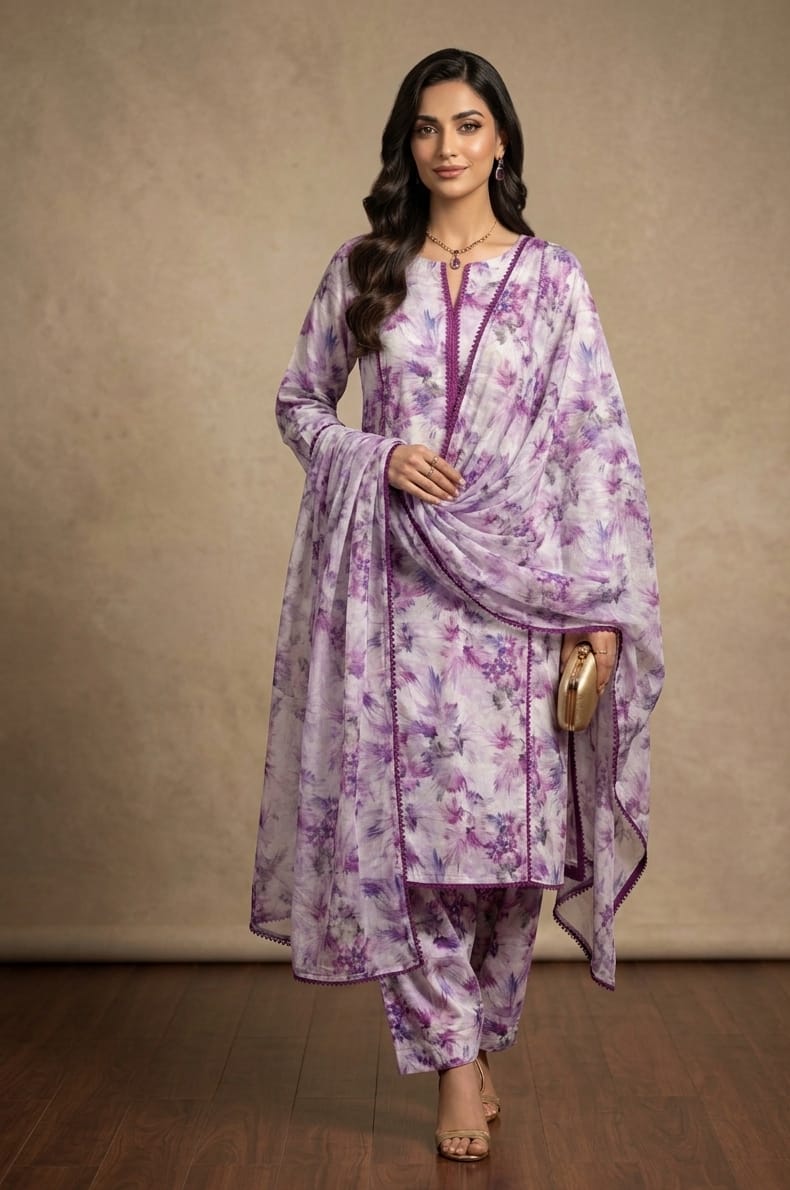 Lilac Printed Lawn 3 Piece
