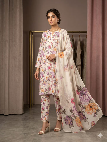 Cream Printed Lawn 3 Piece