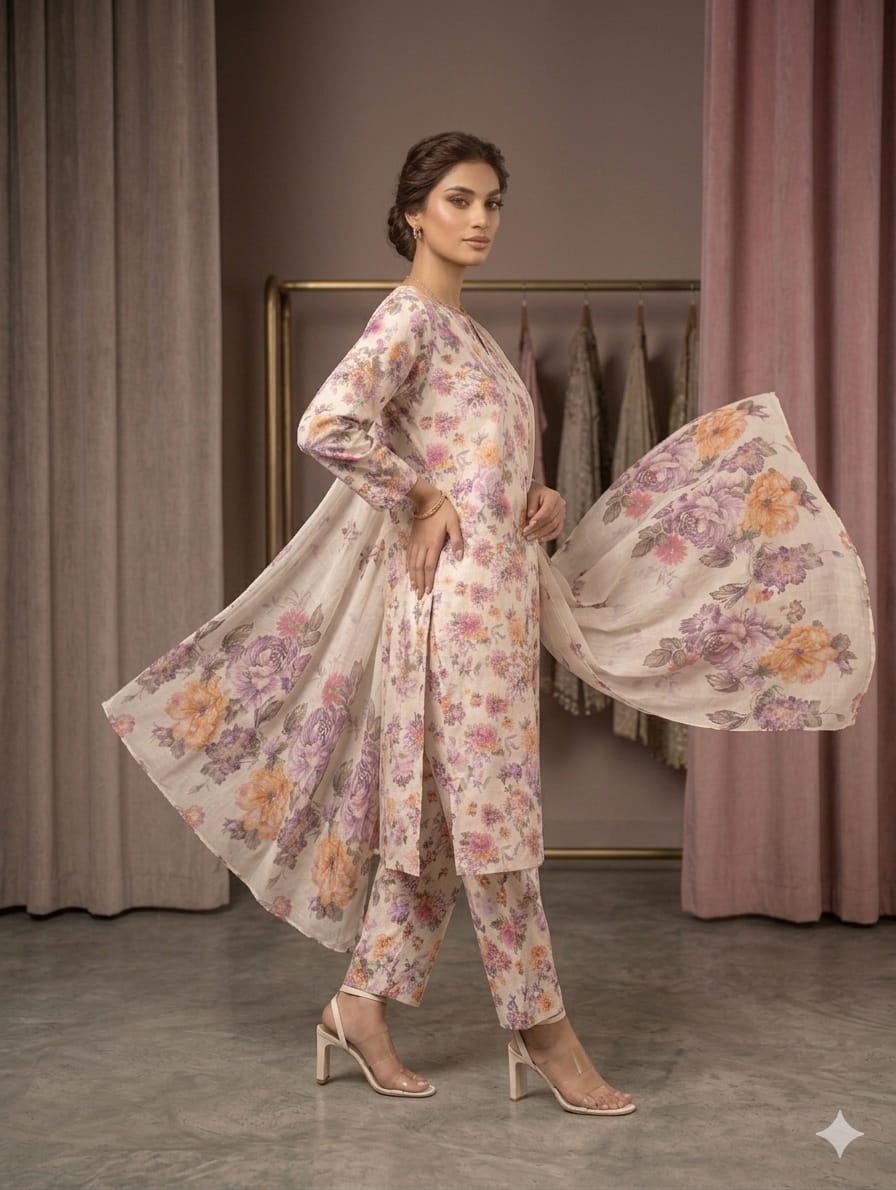 Cream Printed Lawn 3 Piece