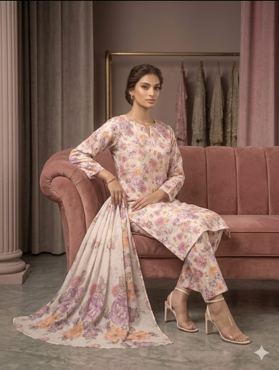 Cream Printed Lawn 3 Piece