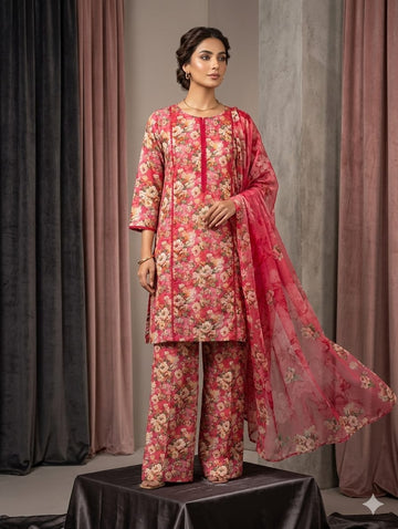 Rose Pink Printed Lawn 3 Piece