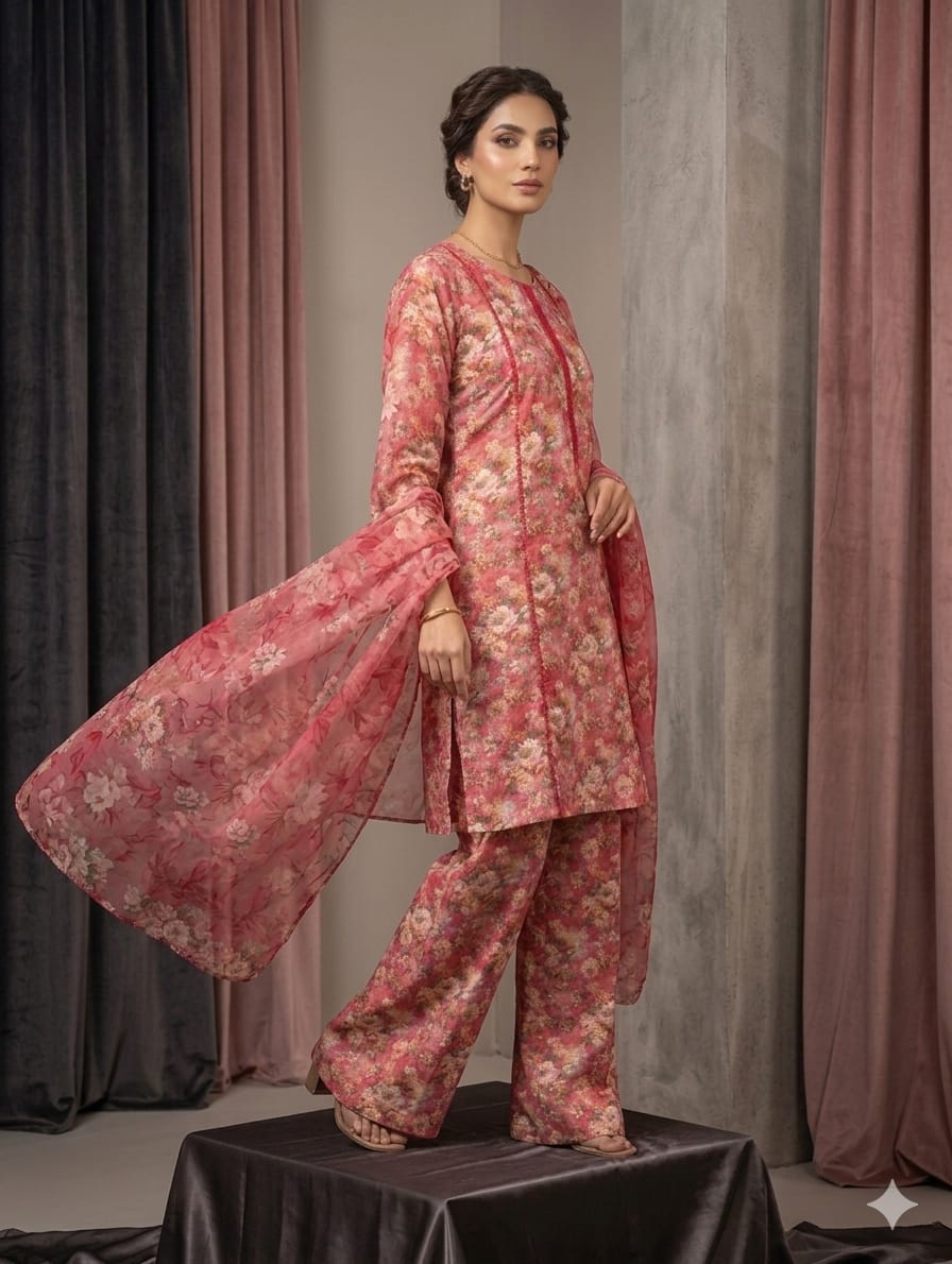 Rose Pink Printed Lawn 3 Piece