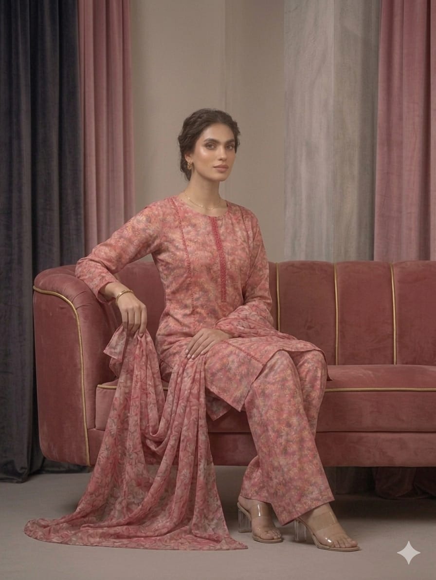 Rose Pink Printed Lawn 3 Piece