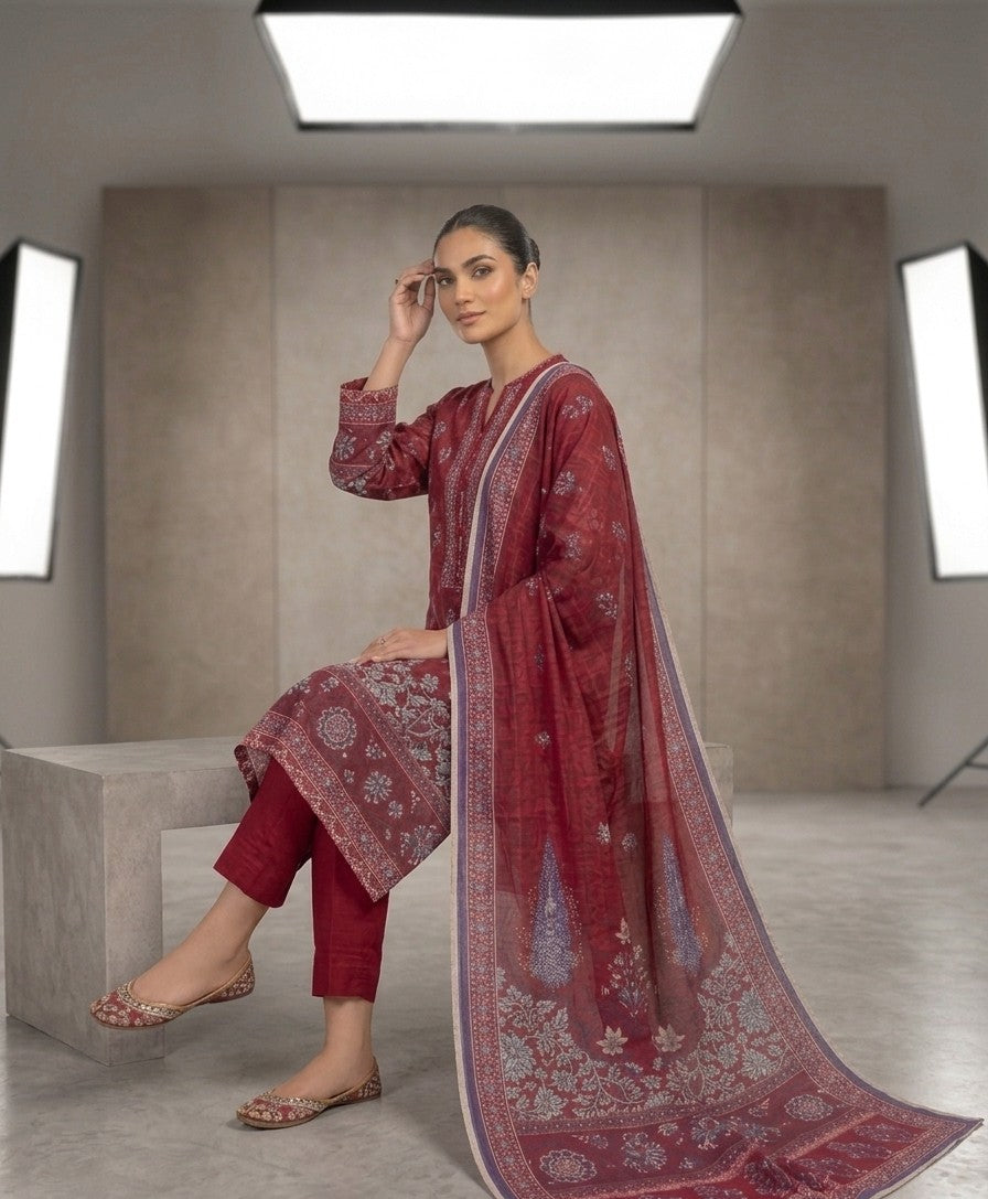 Red Printed Lawn 2-Piece Shirt-Dupatta Bayashma 