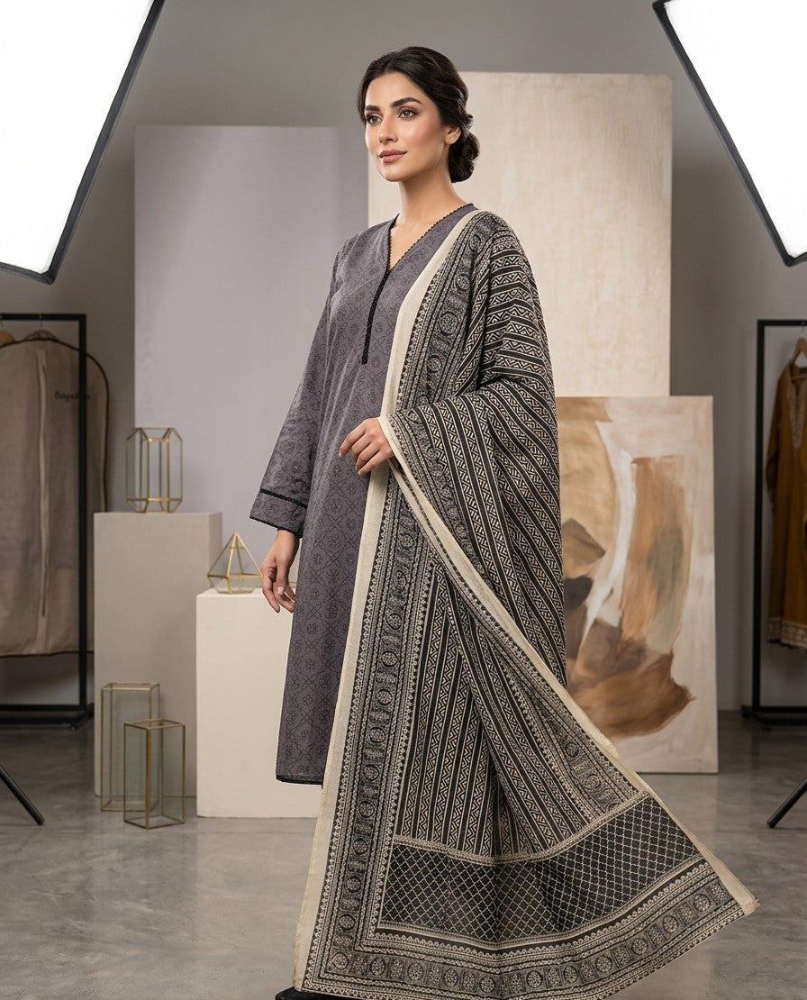 2 Piece Printed  Gray Shirt with Dupatta