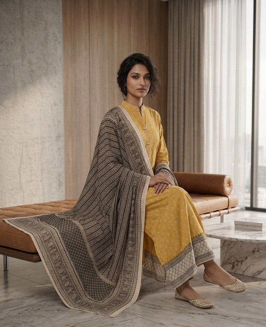 2 Piece Mustard Shirt with Printed Dupatta