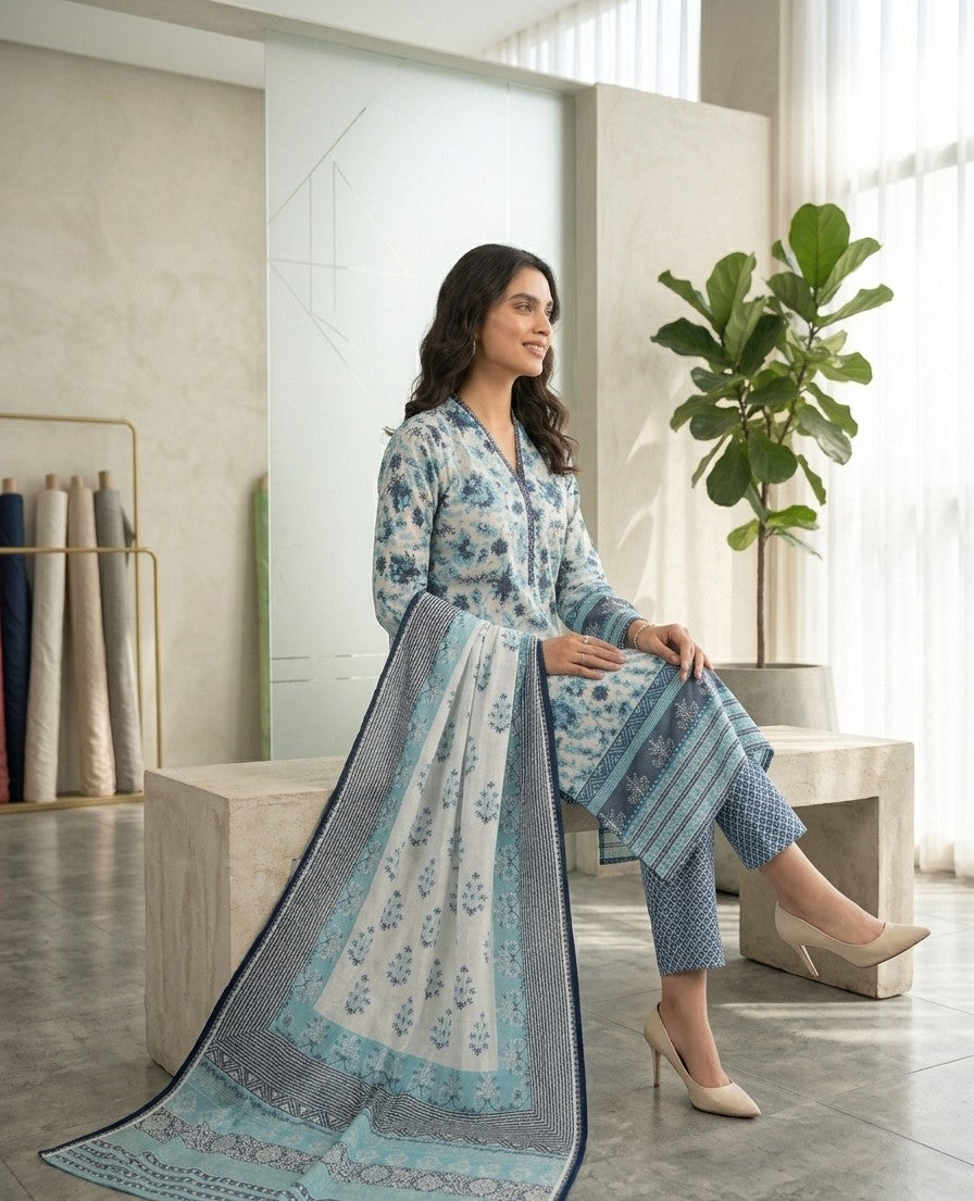 2 Piece Light Blue Shirt with Printed Dupatta