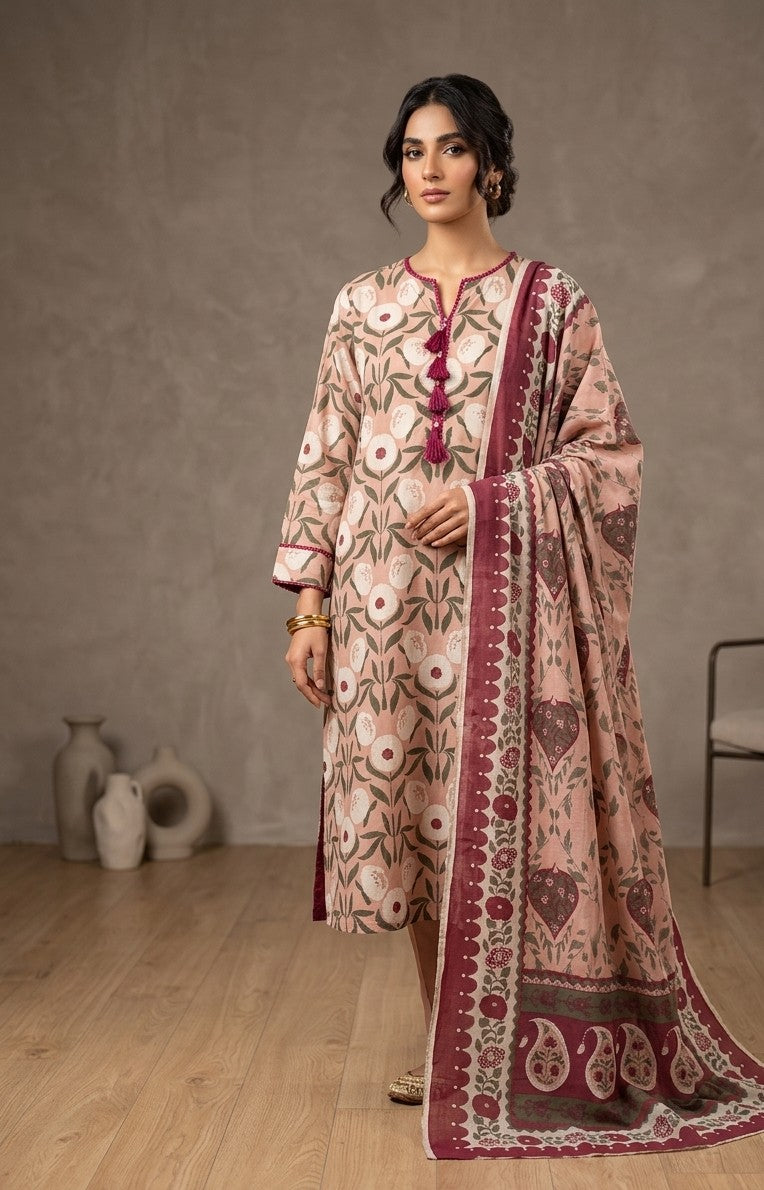2 Piece Peach Shirt with Printed Dupatta