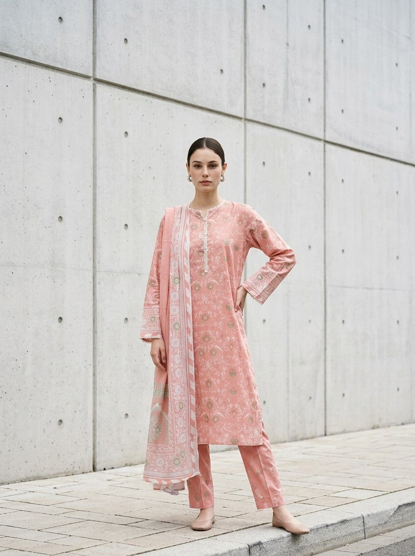 2 Piece Peach Pink Shirt with Printed Dupatta