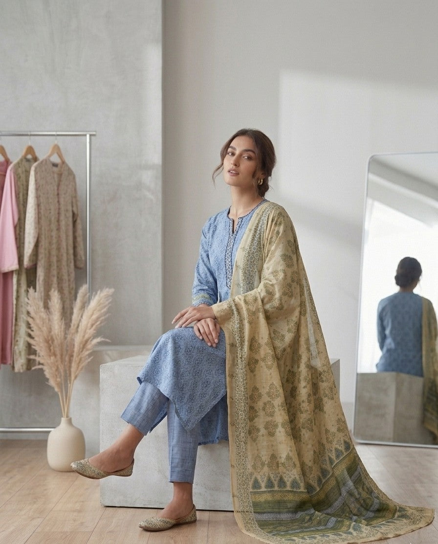 2 Piece Sky Blue Shirt with Dupatta