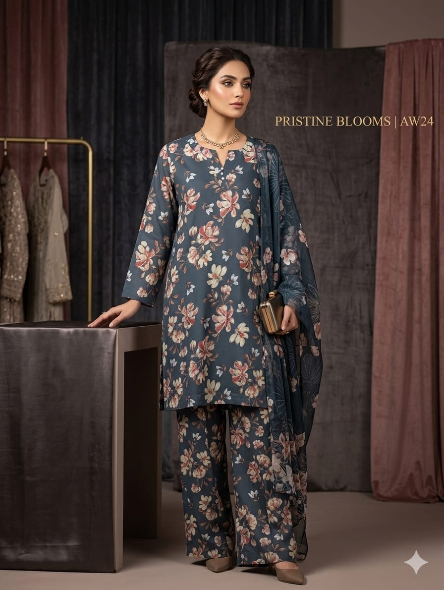 Dark Teal Printed Lawn 3 Piece