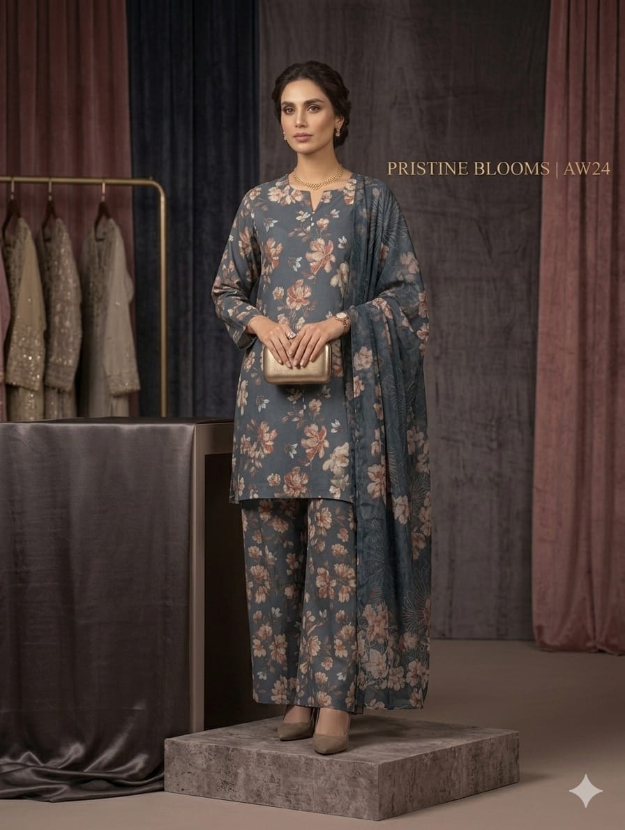 Dark Teal Printed Lawn 3 Piece