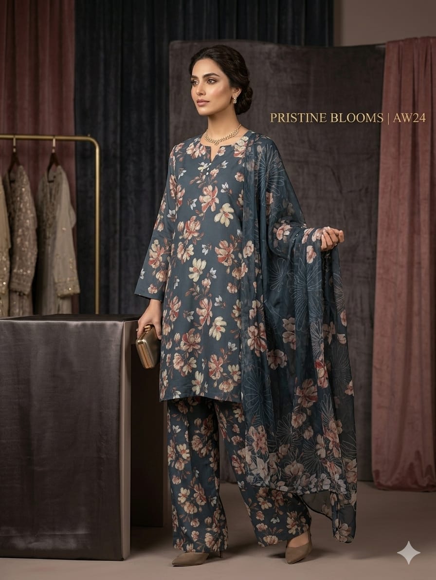 Dark Teal Printed Lawn 3 Piece