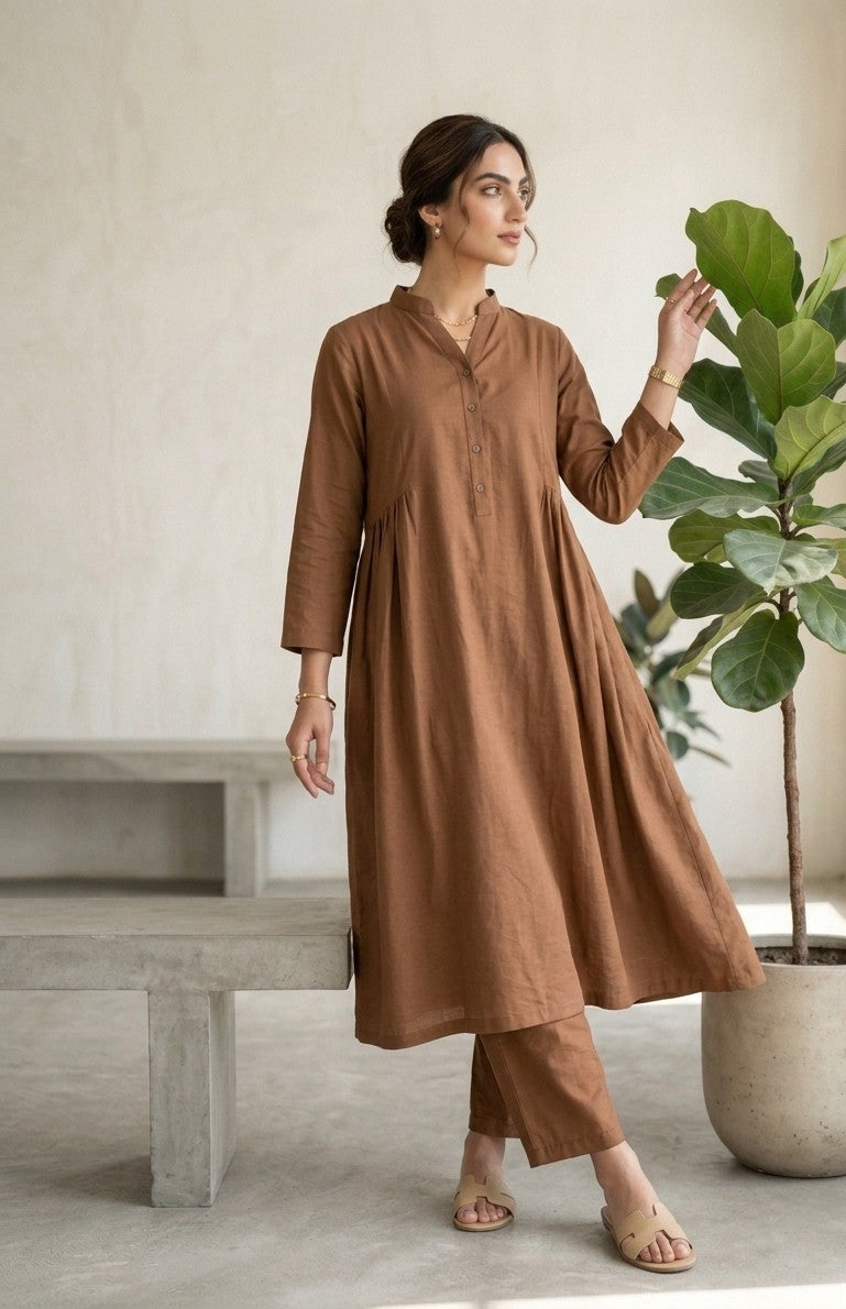 Elegant Mocha Brown Cotton 2-Piece Casual Suit