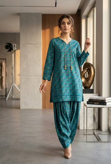 Floral Printed Teal Kurta & Farshi Shalwar