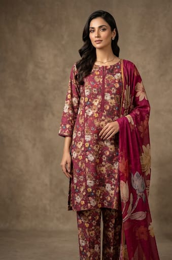 Red Printed Lawn 3 Piece