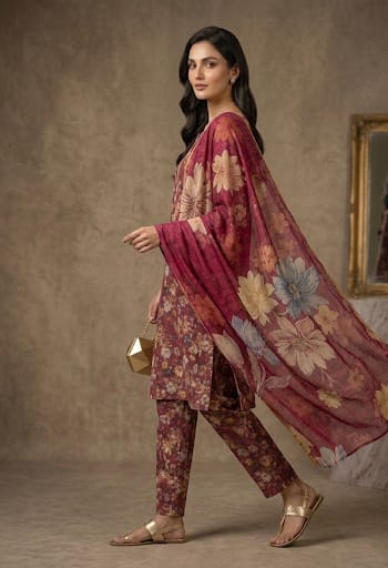 Red Printed Lawn 3 Piece