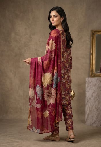 Red Printed Lawn 3 Piece