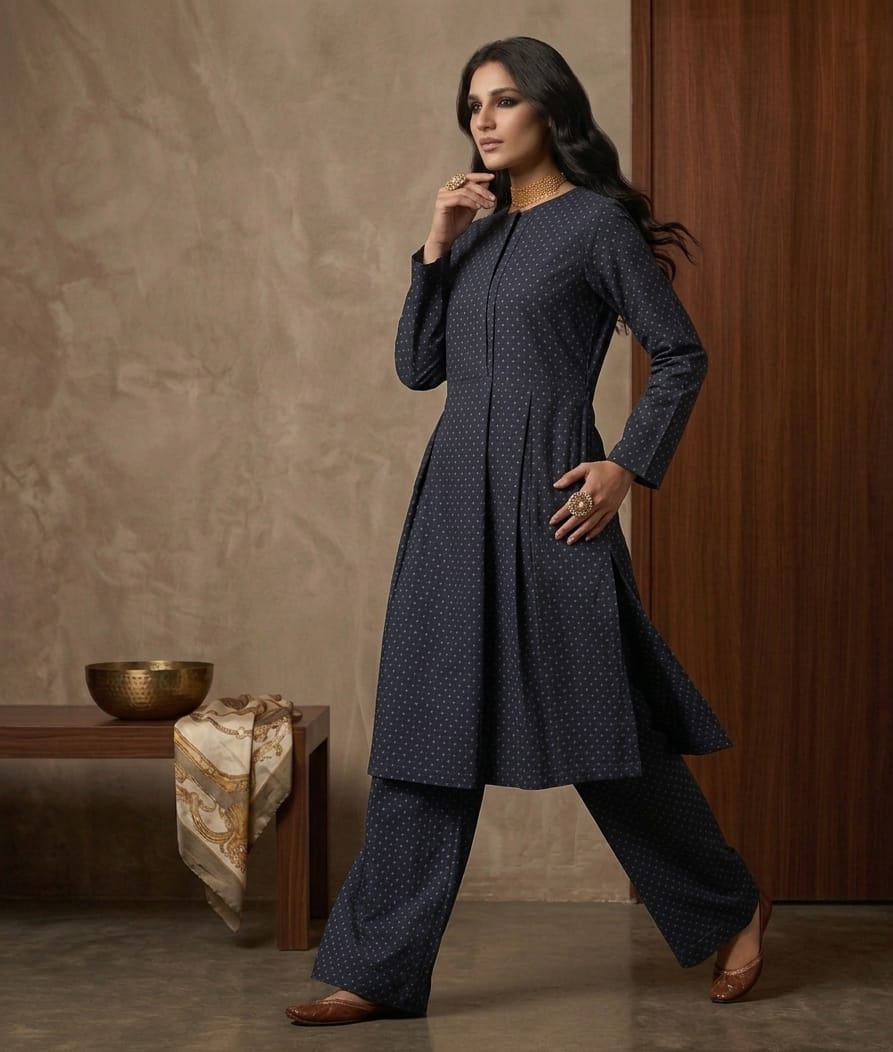Midnight Dotted Pleated Tunic & Palazzo Set