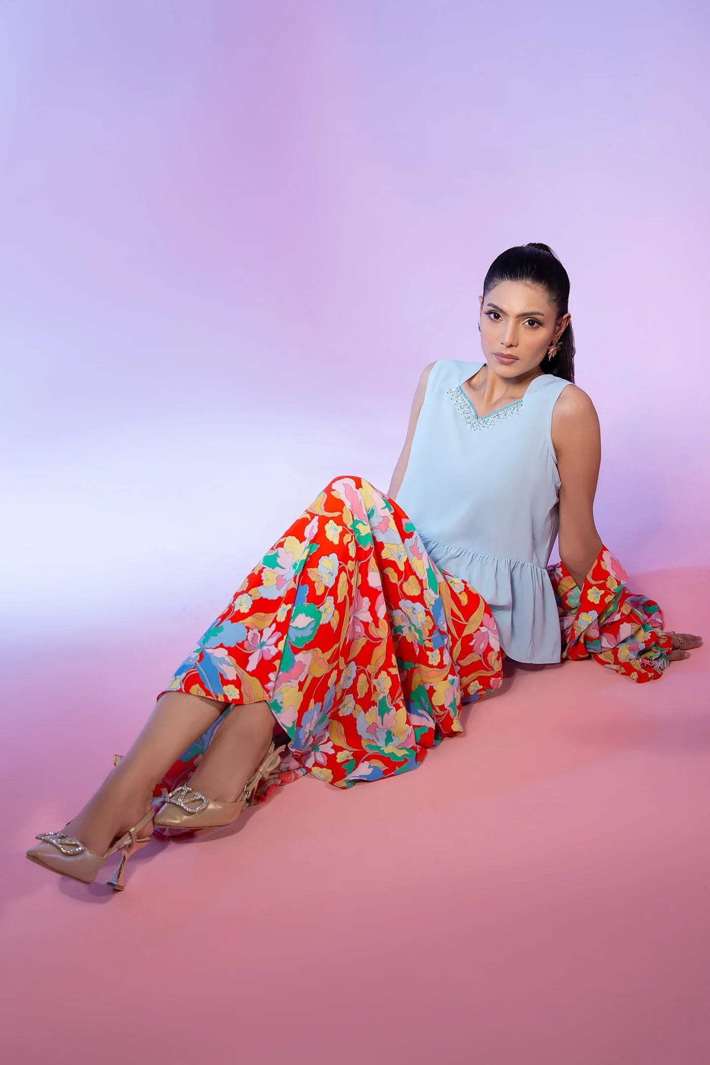 Orange Floral Printed 3 Piece