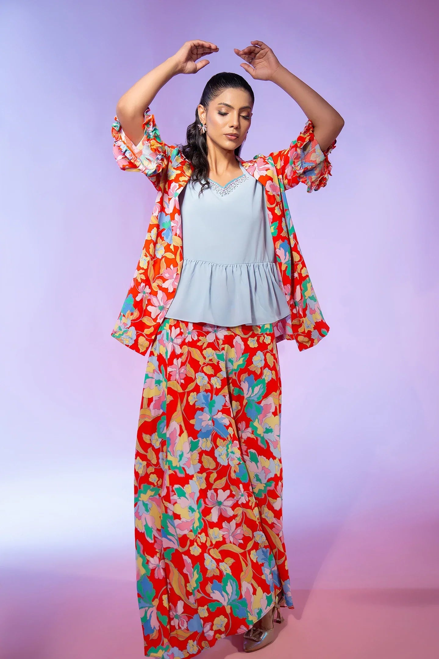 Orange Floral Printed 3 Piece