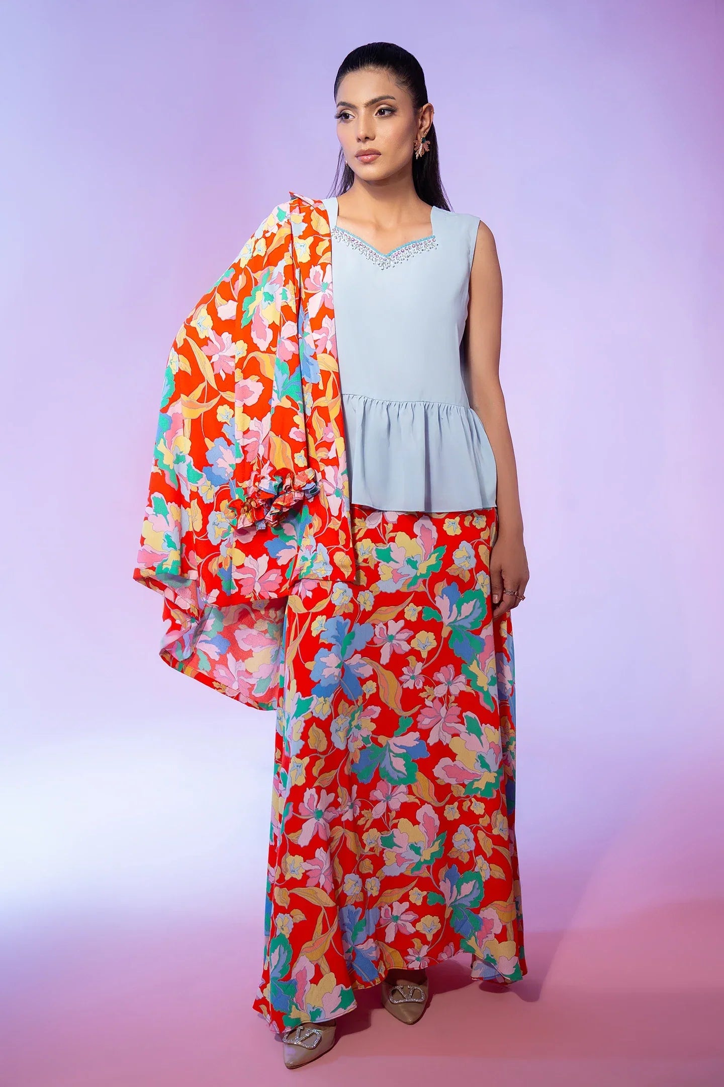 Orange Floral Printed 3 Piece