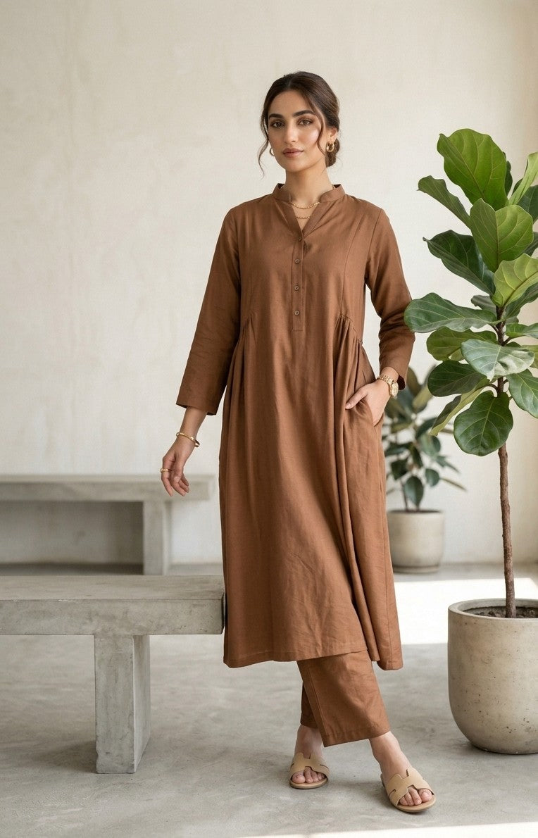 Elegant Mocha Brown Cotton 2-Piece Casual Suit