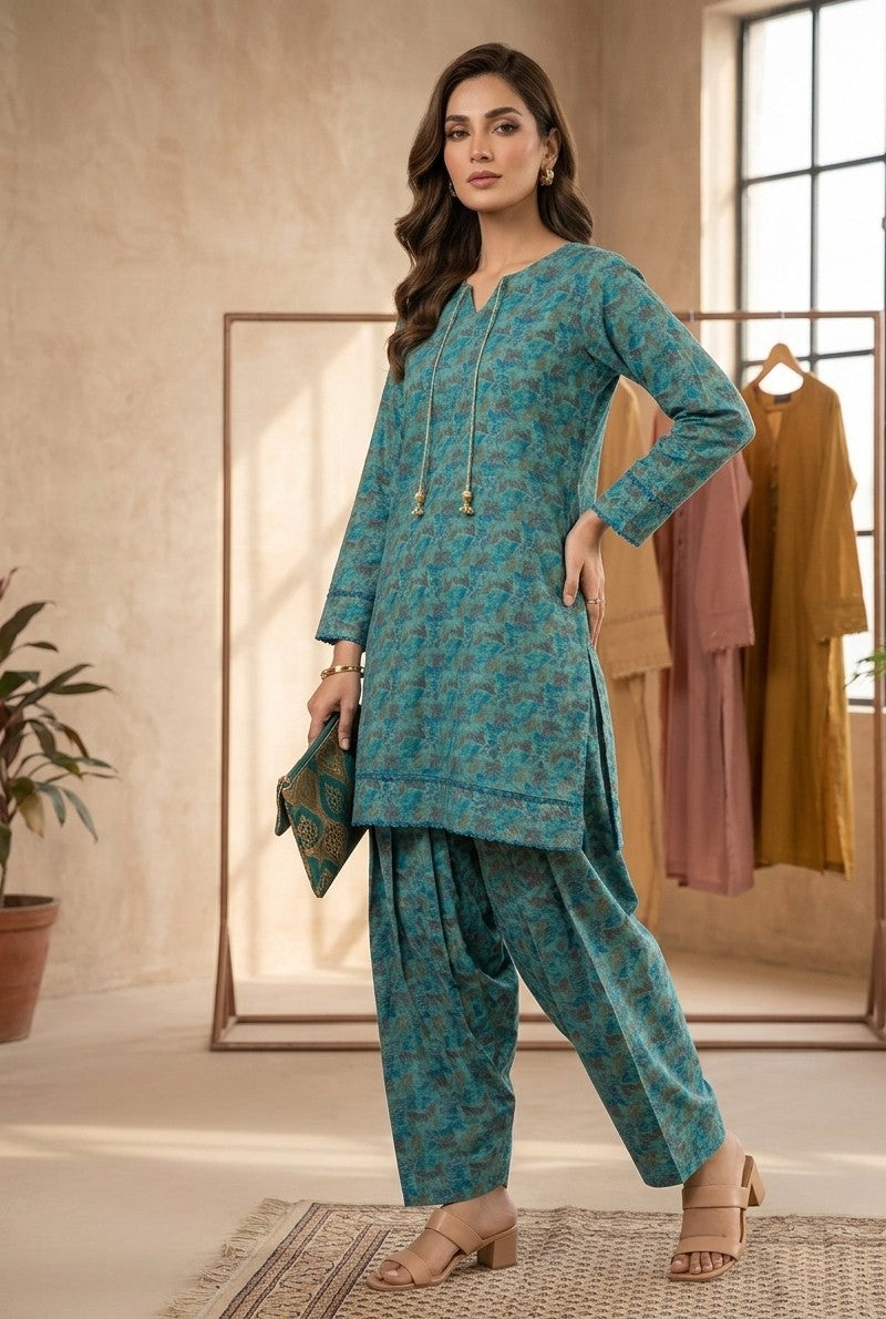 Floral Printed Teal Kurta & Farshi Shalwar