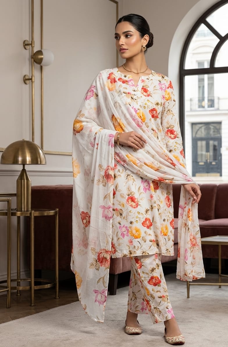 White Printed Lawn 3 Piece