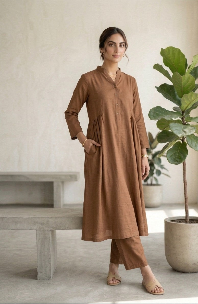 Elegant Mocha Brown Cotton 2-Piece Casual Suit