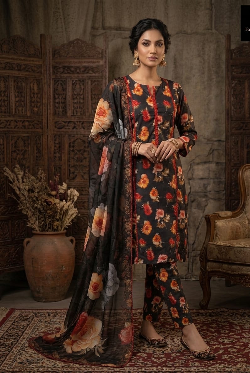 Black Printed Lawn 3 Piece
