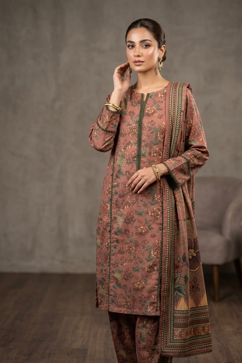 Brown Printed Lawn 3 Piece