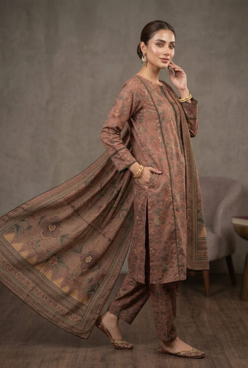 Brown Printed Lawn 3 Piece