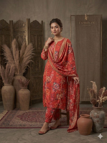 Rust Red Printed Lawn 3 Piece