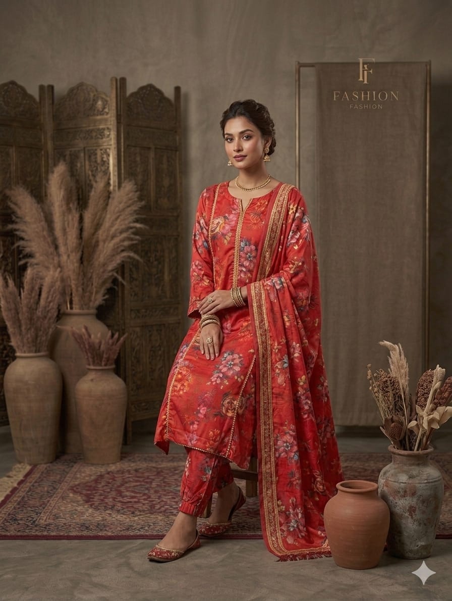 Rust Red Printed Lawn 3 Piece
