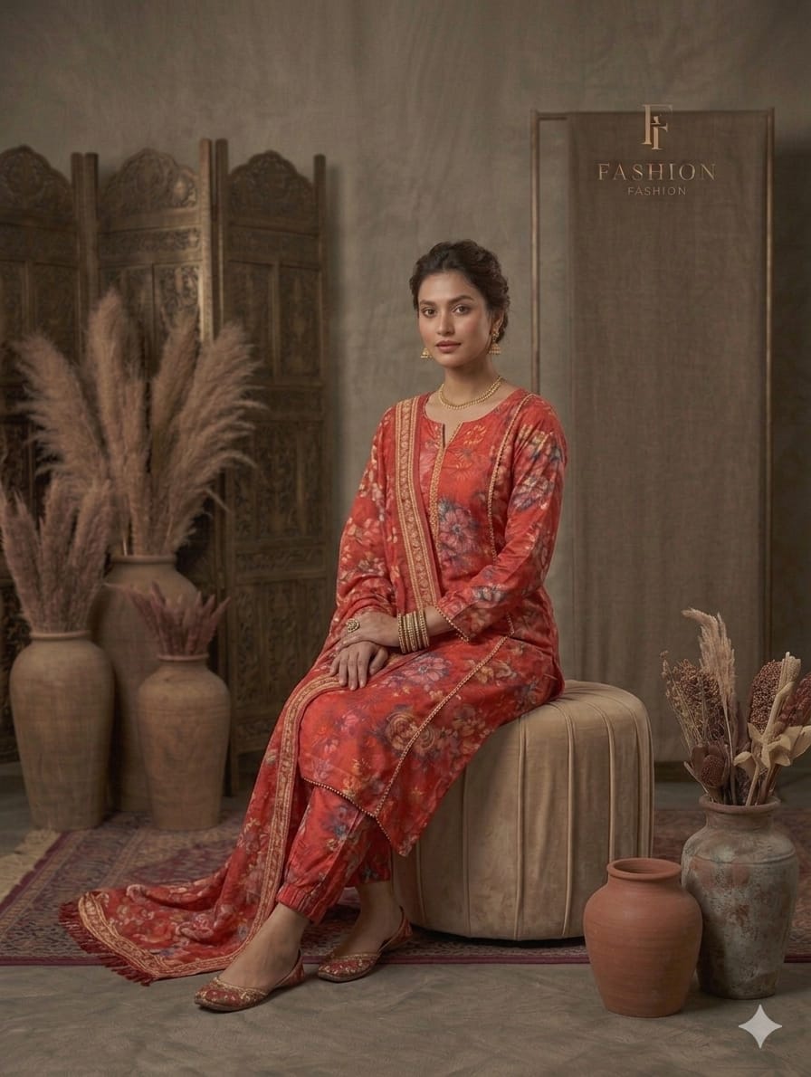 Rust Red Printed Lawn 3 Piece