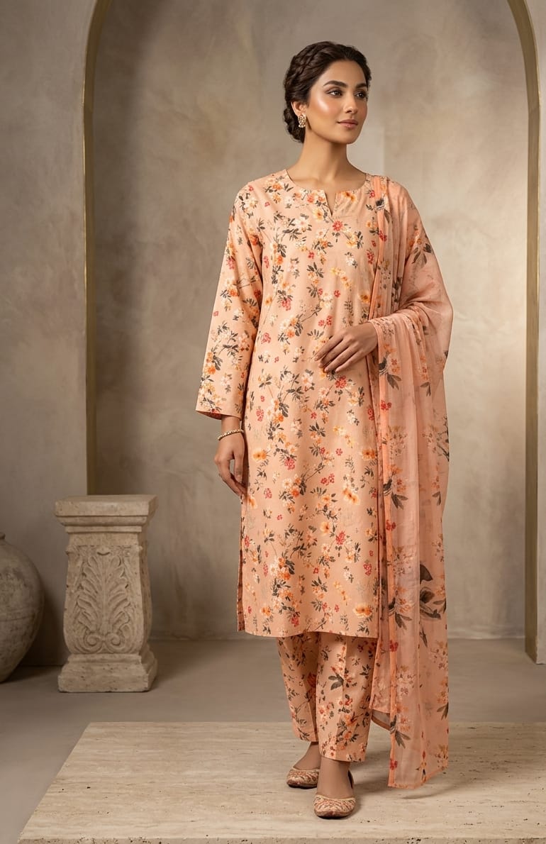 Peach Printed Lawn 3 Piece