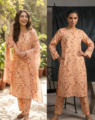 Peach Printed Lawn 3 Piece