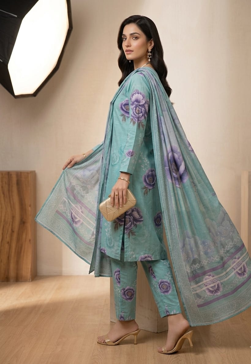 Aqua Green Printed Lawn 3 Piece