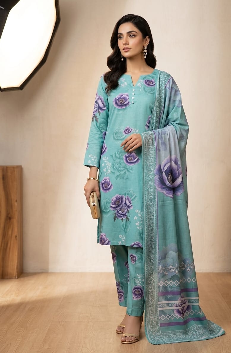 Aqua Green Printed Lawn 3 Piece