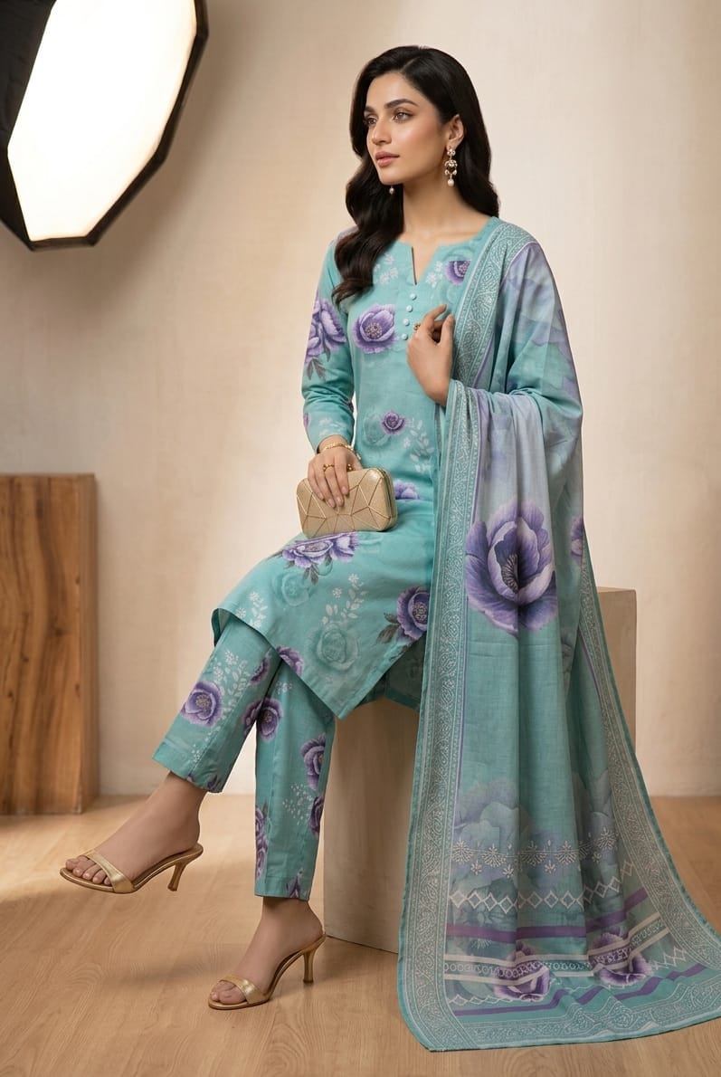 Aqua Green Printed Lawn 3 Piece