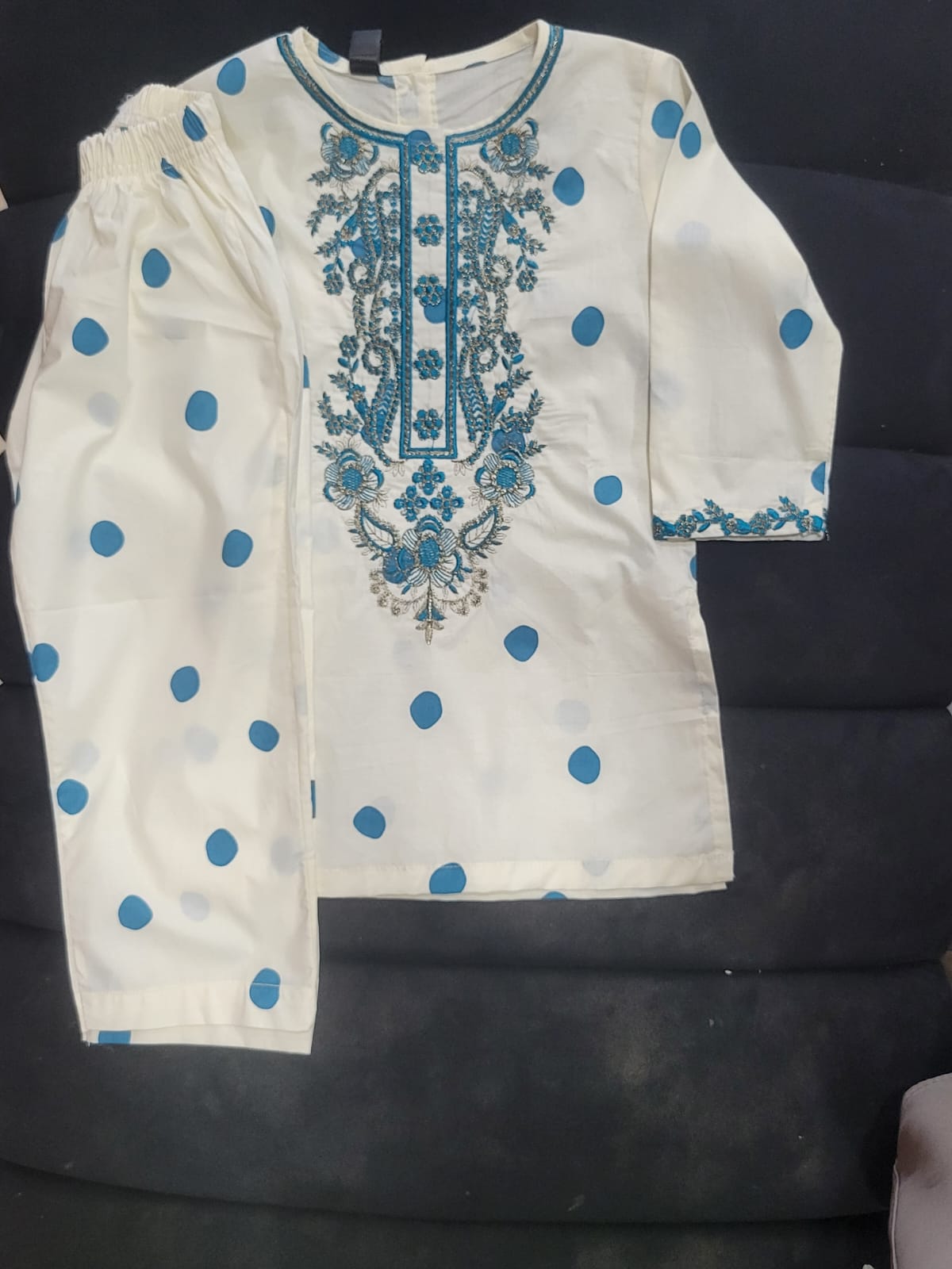 Teal Polka Dot Embroidered Set Kids