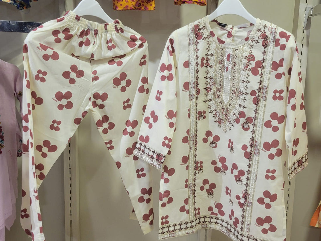 Cream Rose Floral Kurta Set Kids