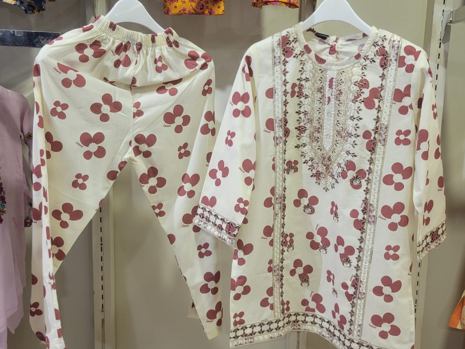Cream Rose Floral Kurta Set Kids