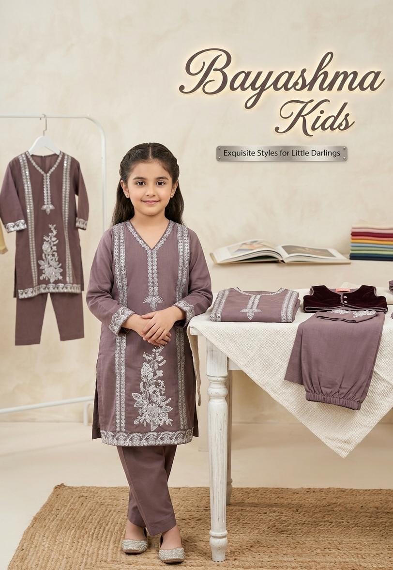 Mauve Floral Embroidered Kurta Set Kids