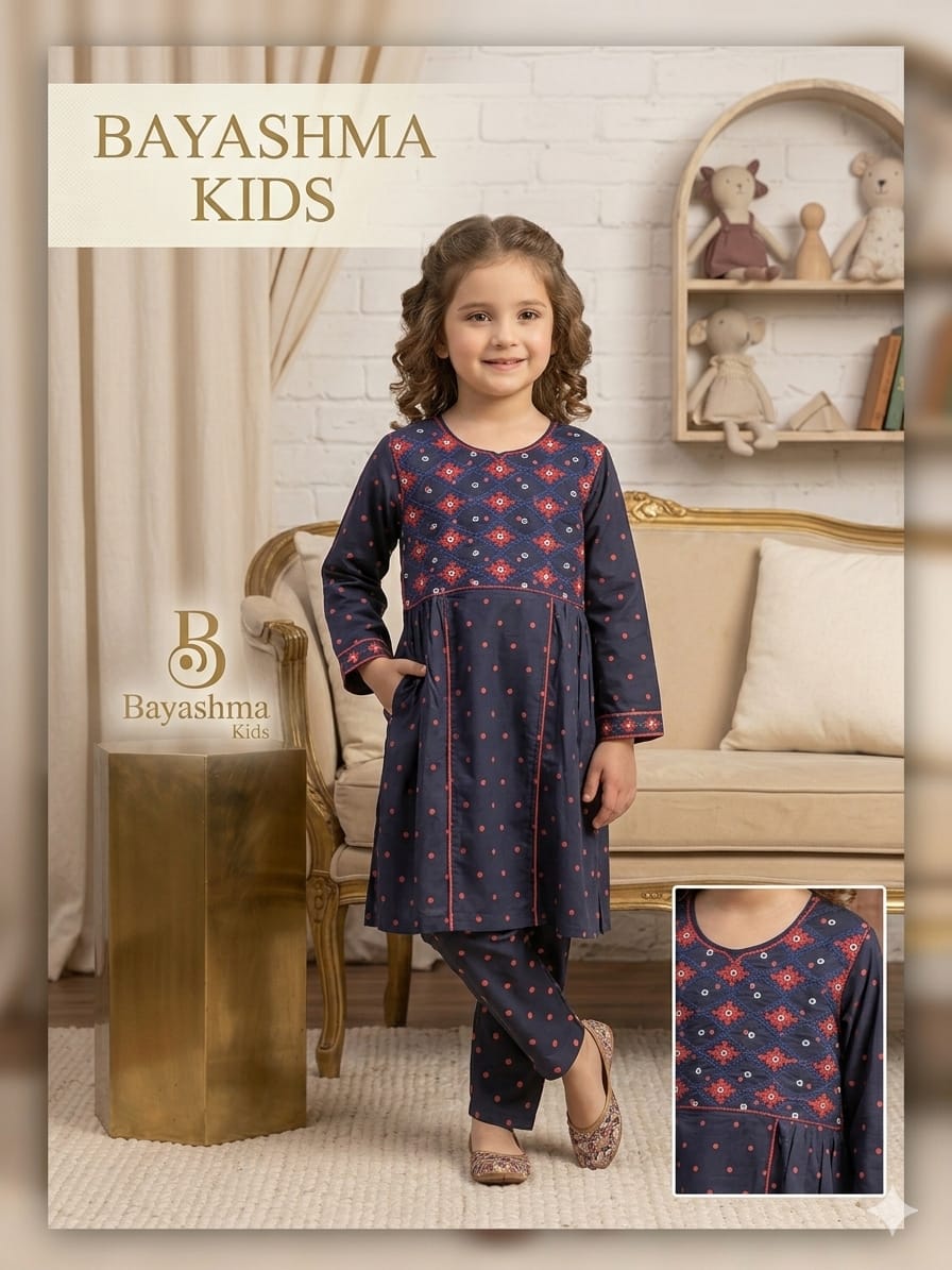 Navy Embroidered Tunic Set Kids