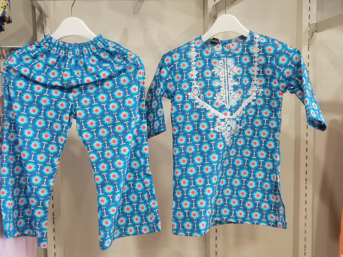 Teal Medallion Kurta Set Kids