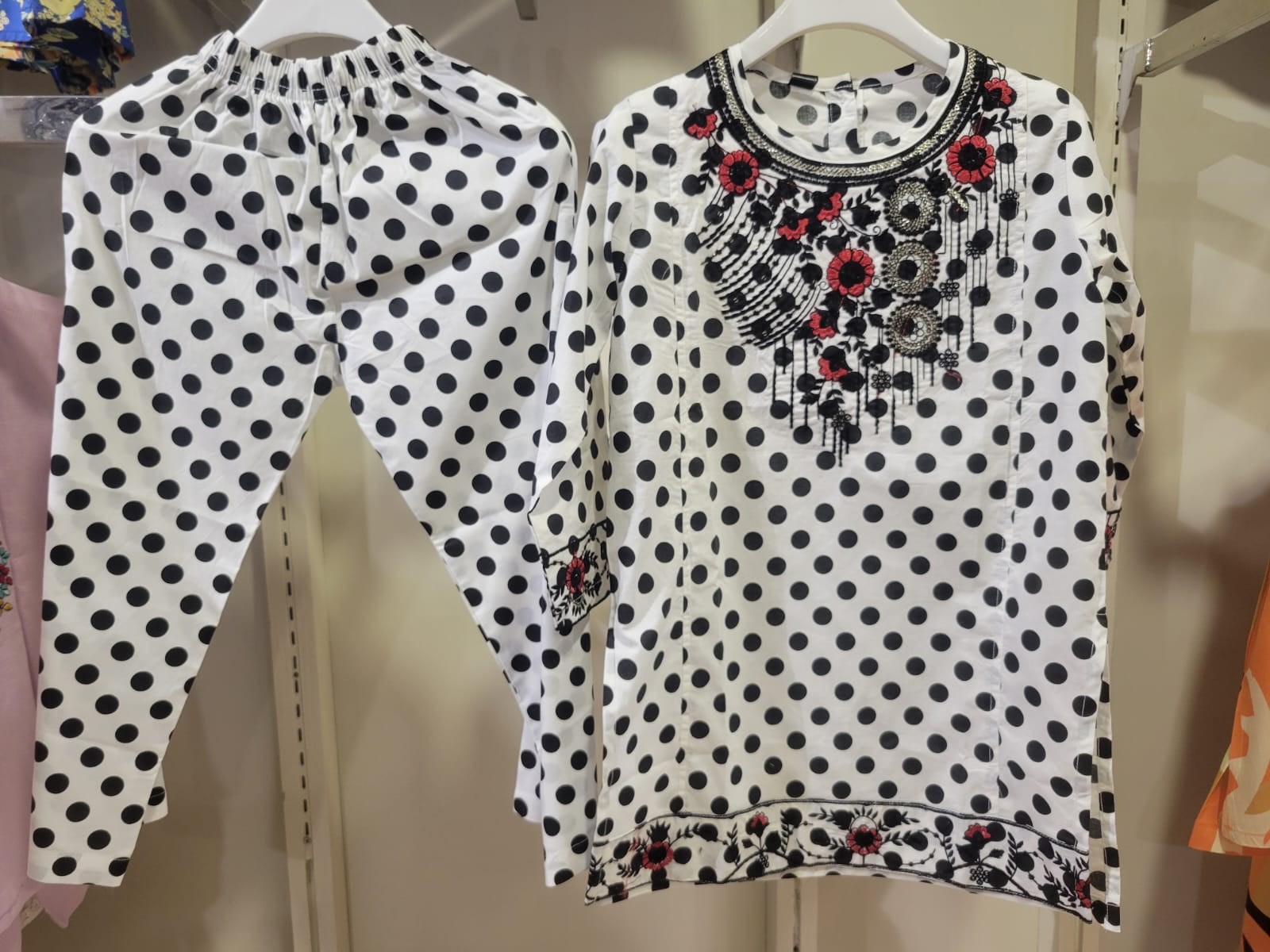 Monochrome Polka & Crimson Embroidered Set Kids