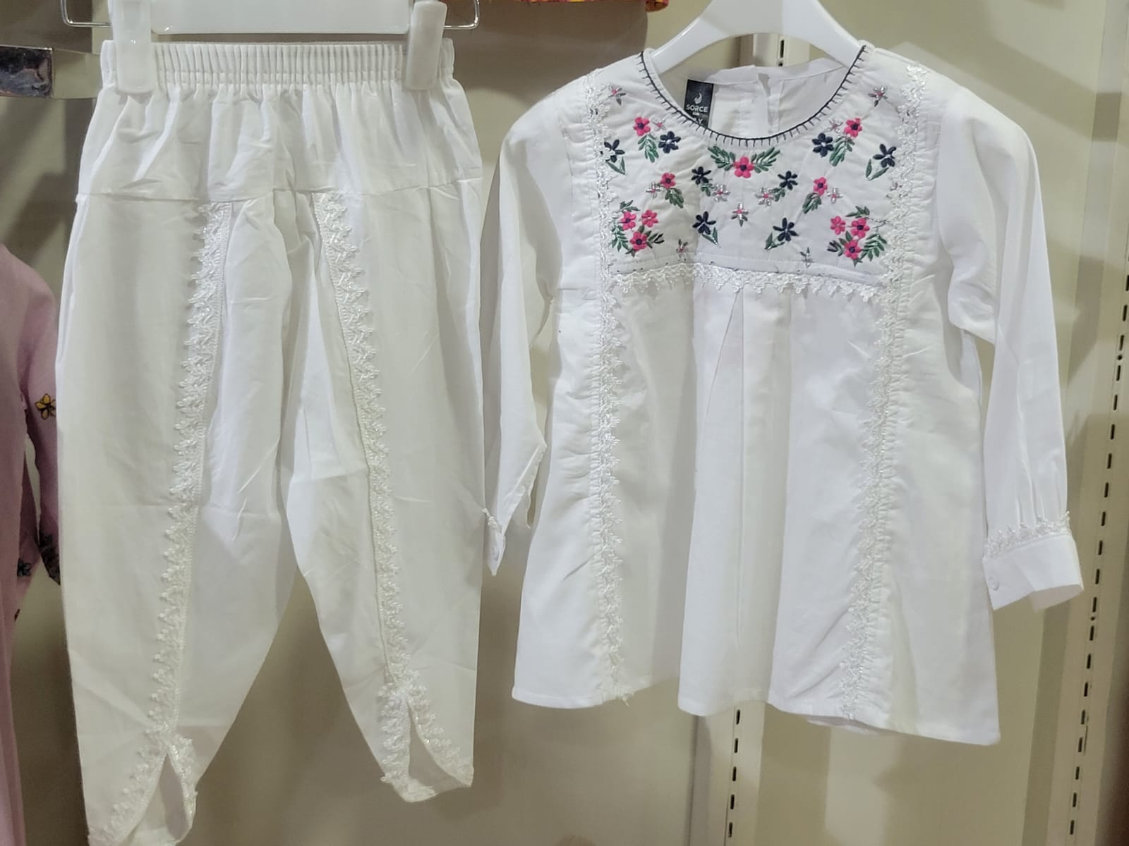 White Floral Embroidered Set Kids